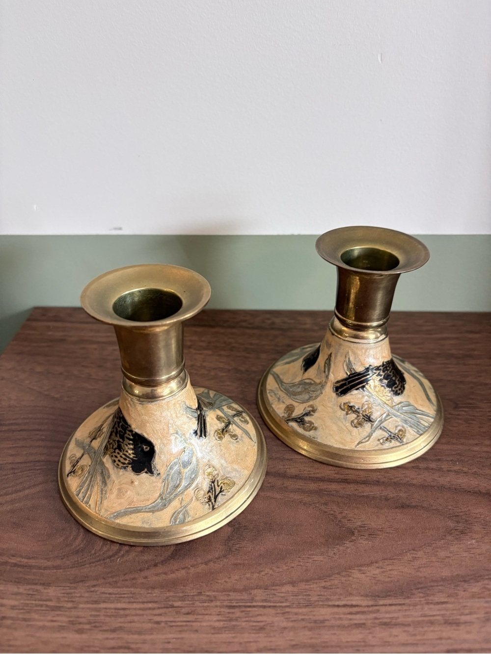 Vintage Brass cloisonné Candlestick Holders with enamel Bird Motif (2)